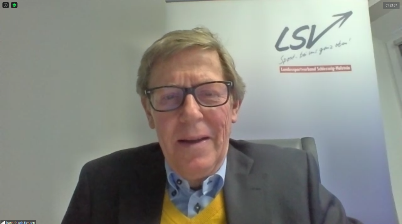Hans-Jakob Tiessen, Präsident des Landessportverbandes, beim virtuellen Sportforum des KSV Pinneberg am 25.05.2021 (Foto: KSV Pinneberg)